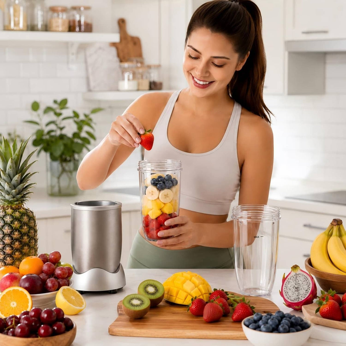 Clear 32 oz blender replacement cup held by woman with fruit ingredients