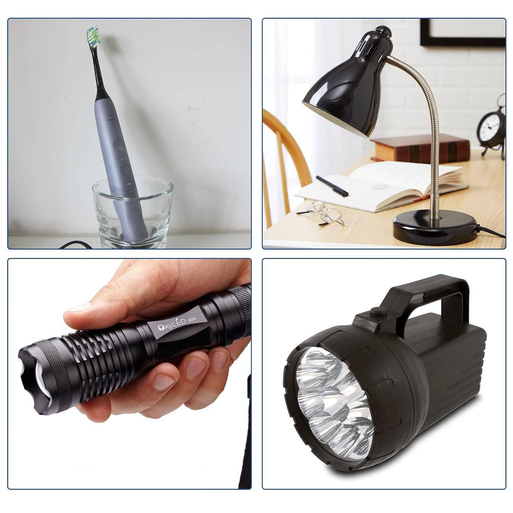 Collage of black flashlight use: bedside desk lamp, handheld light, and beam close-ups