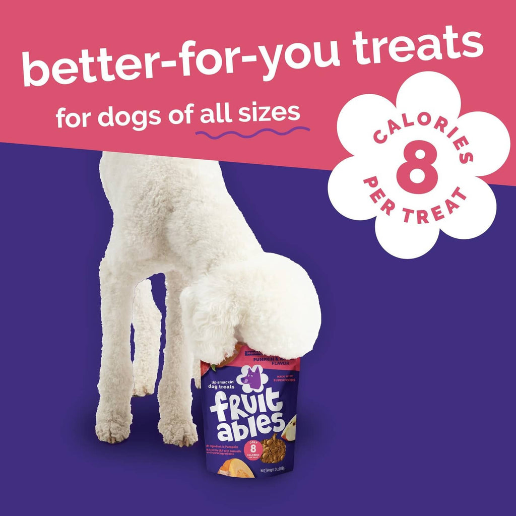 Fruitables dog treats pouch with dog silhouette, better-for-you treats, 8 calories