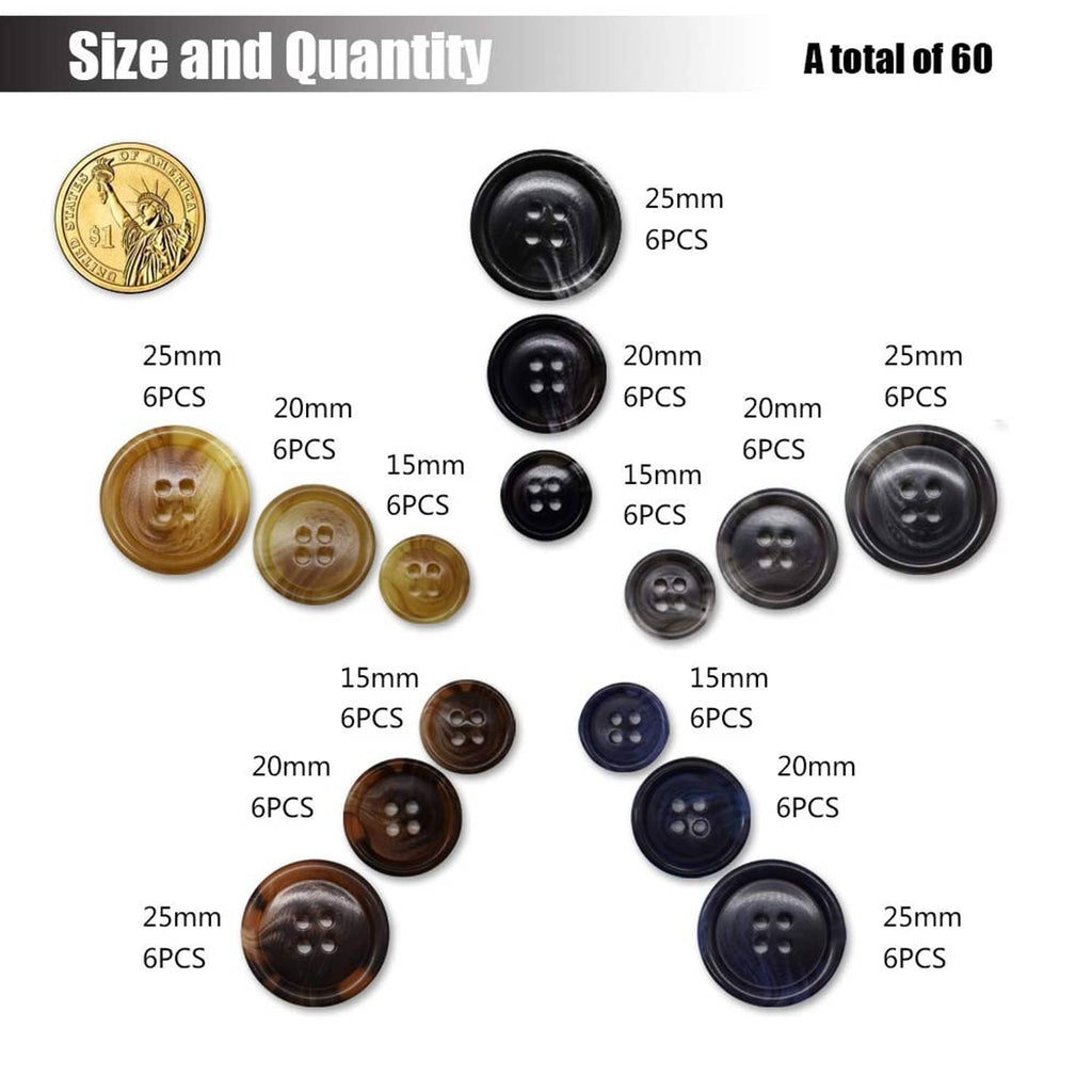 Mixed-size faux buffalo buttons in dark, tan, and brown tones, assorted layout