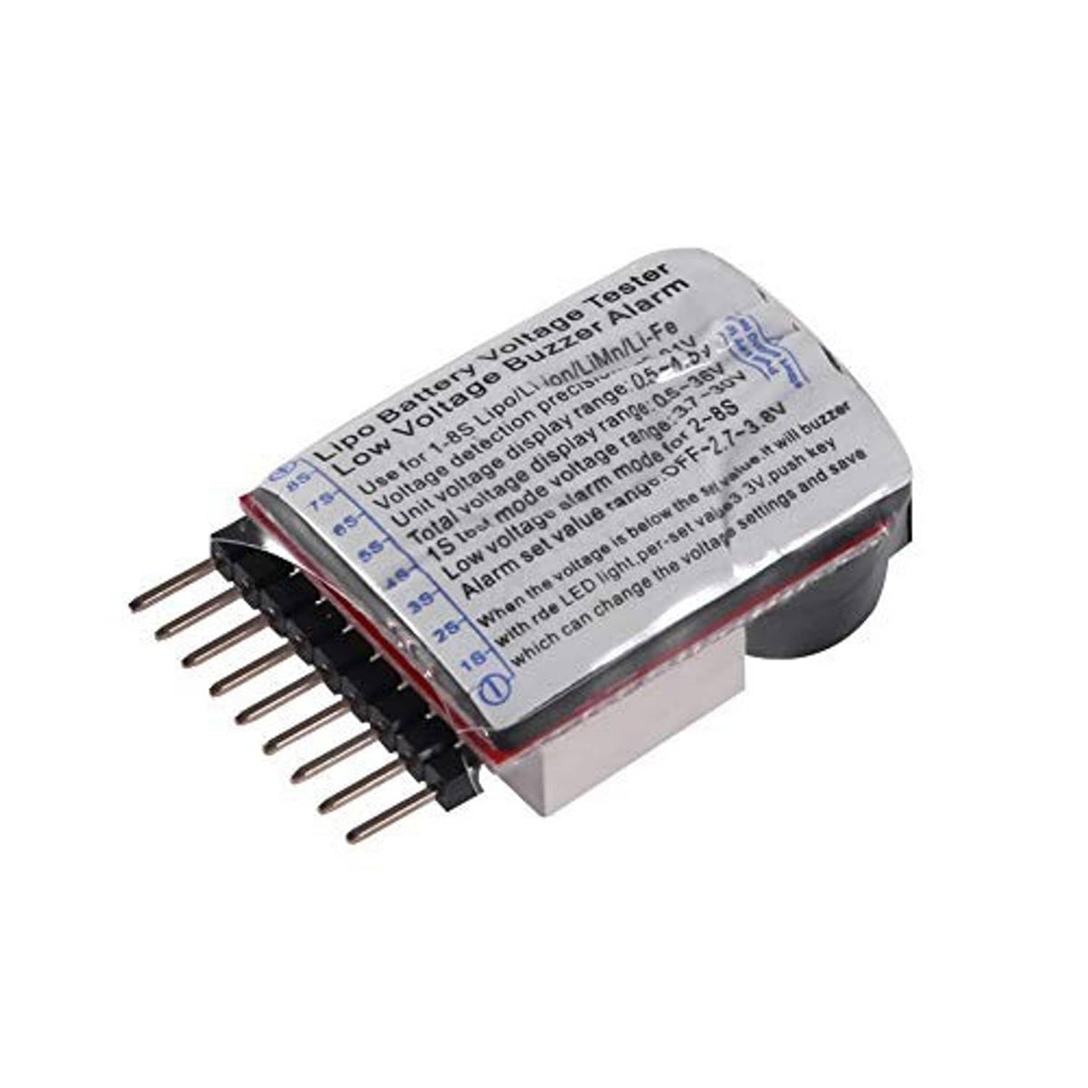 Lipo battery voltage tester with printed label, LED display window, and pin header