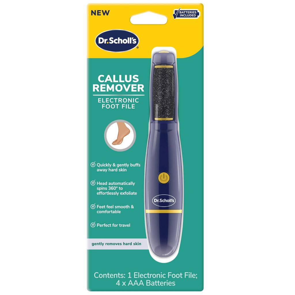 Electronic foot file callus remover kit, blue handle in box packaging with yellow header