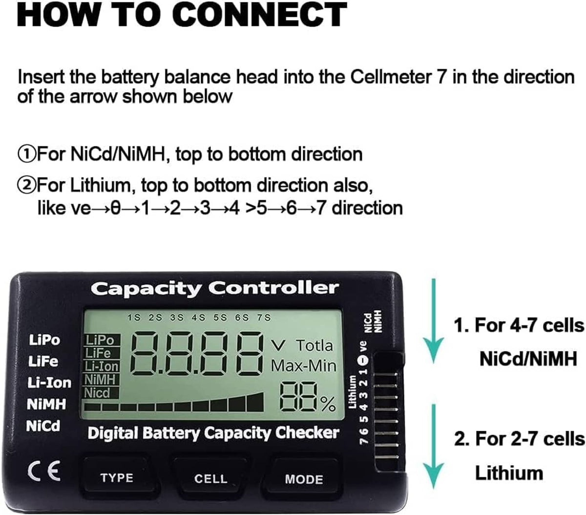 Black capacity controller with LCD and connection guide for NiCd/NiMH and lithium cells
