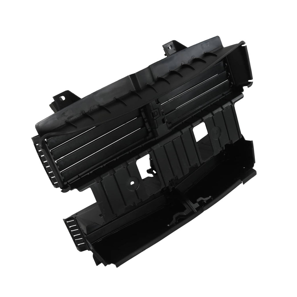 Black radiator shutter assembly housing with slatted vents and latch details