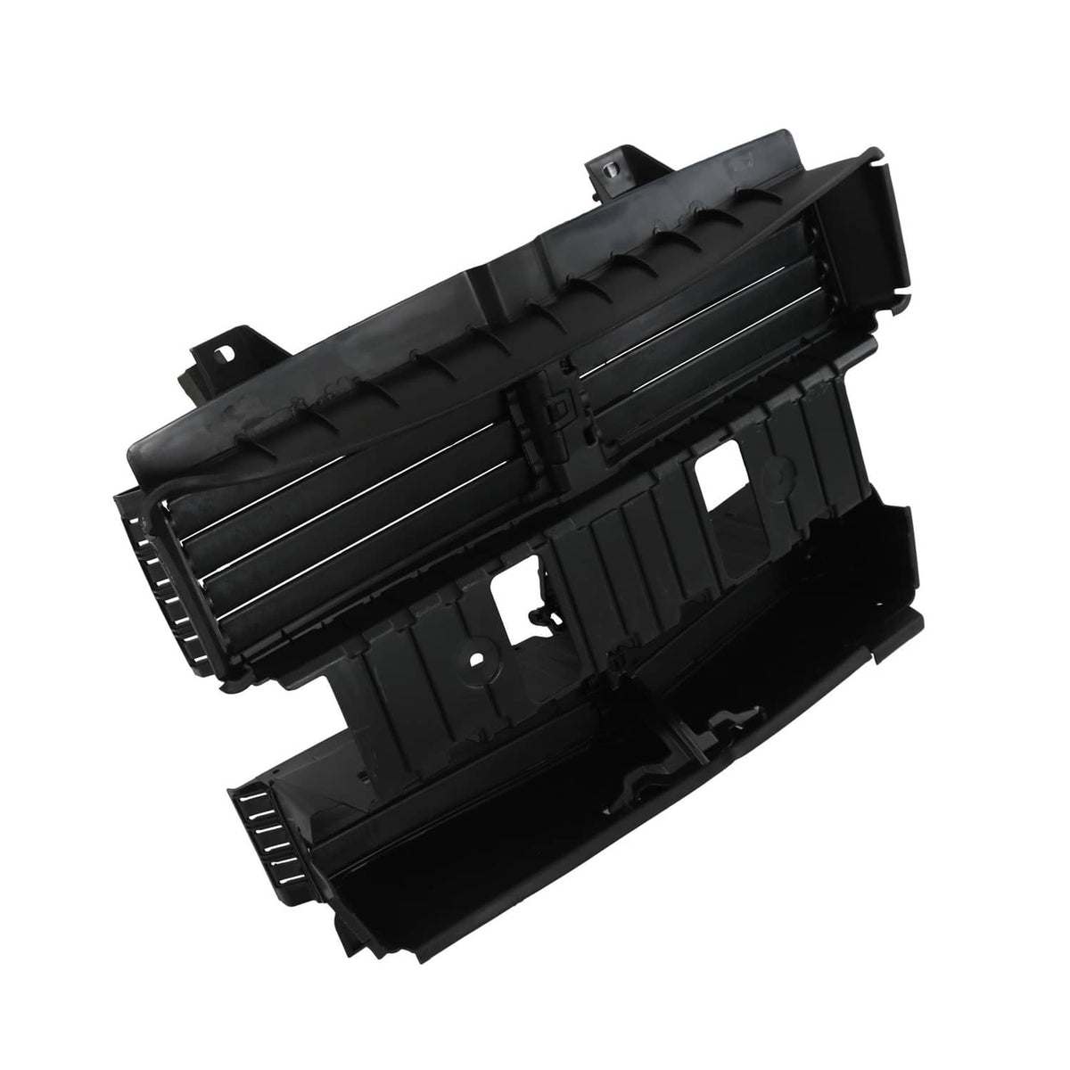 Black radiator shutter assembly housing with slatted vents and latch details