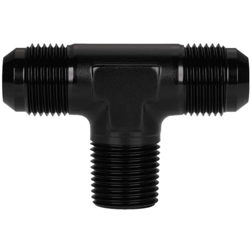 Black AN flare tee fitting, three-way male threaded body with central outlet for 1/2NPT