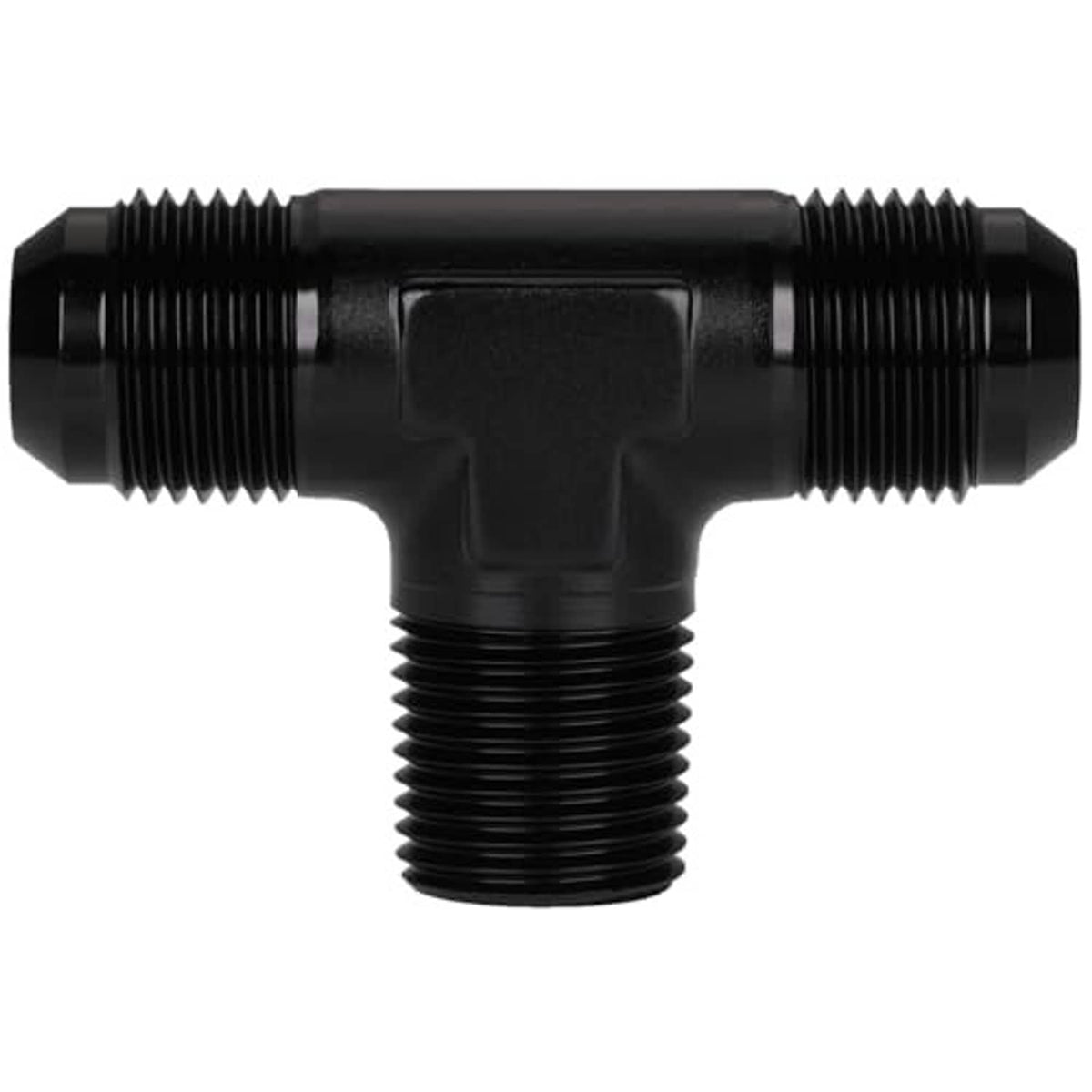Black AN flare tee fitting, three-way male threaded body with central outlet for 1/2NPT