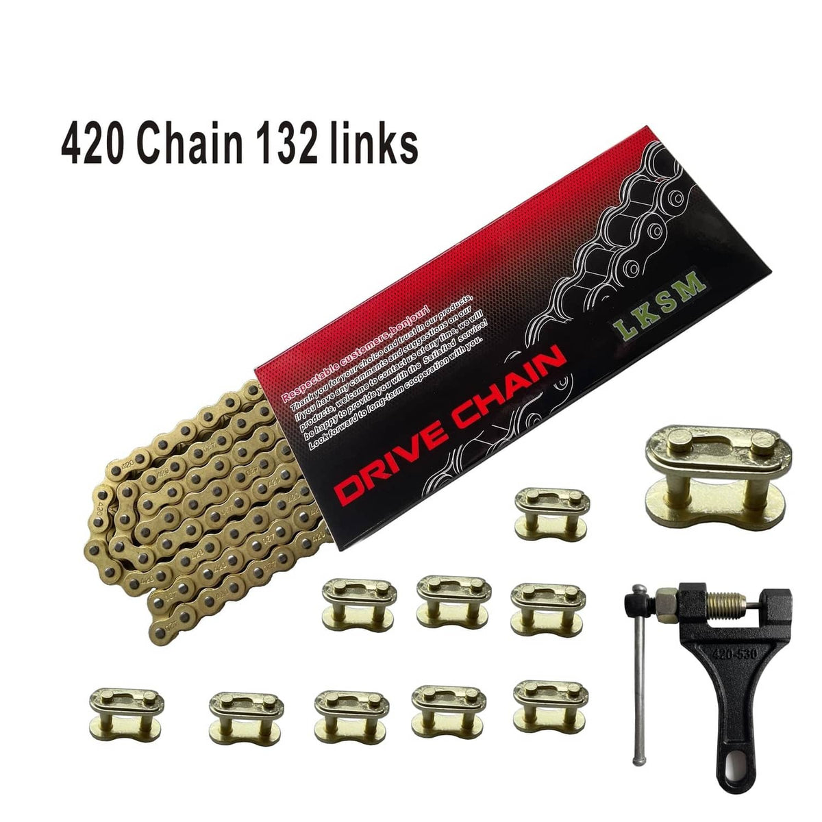 Gold motorcycle drive chain 132 links with chain breaker tool and spare master links