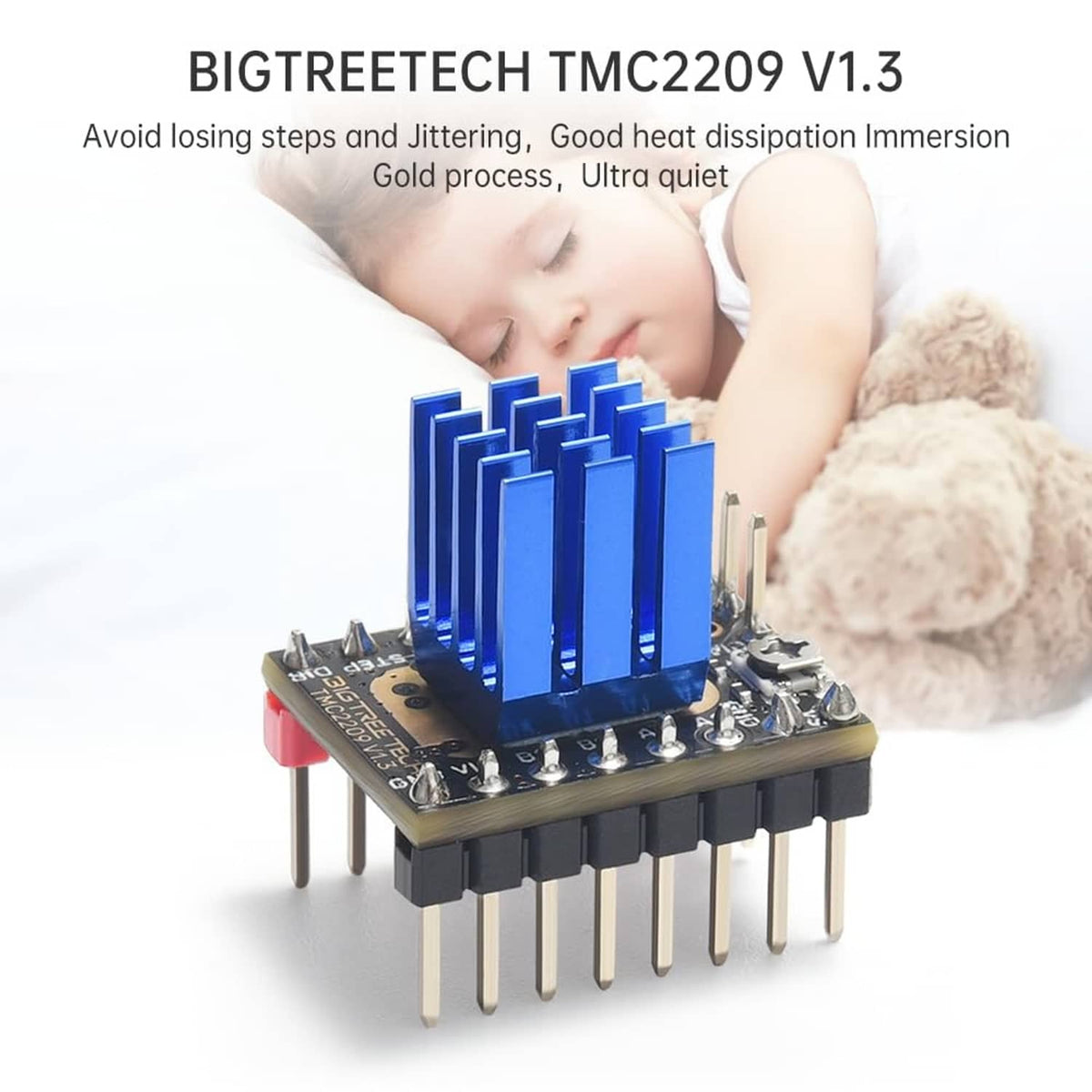 Stepper motor driver module with blue heatsink, black PCB, and multi-pin connector