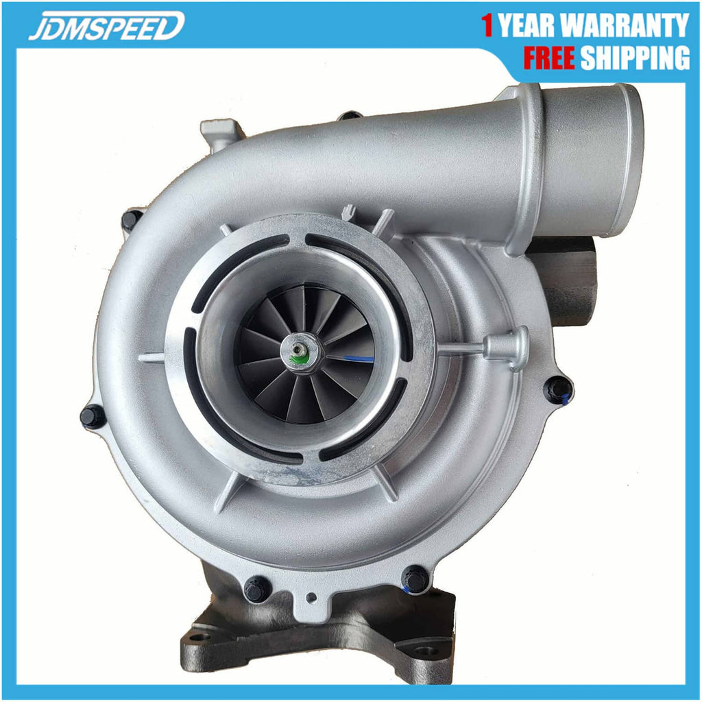 Turbocharger with silver housing and black turbine wheel, side view