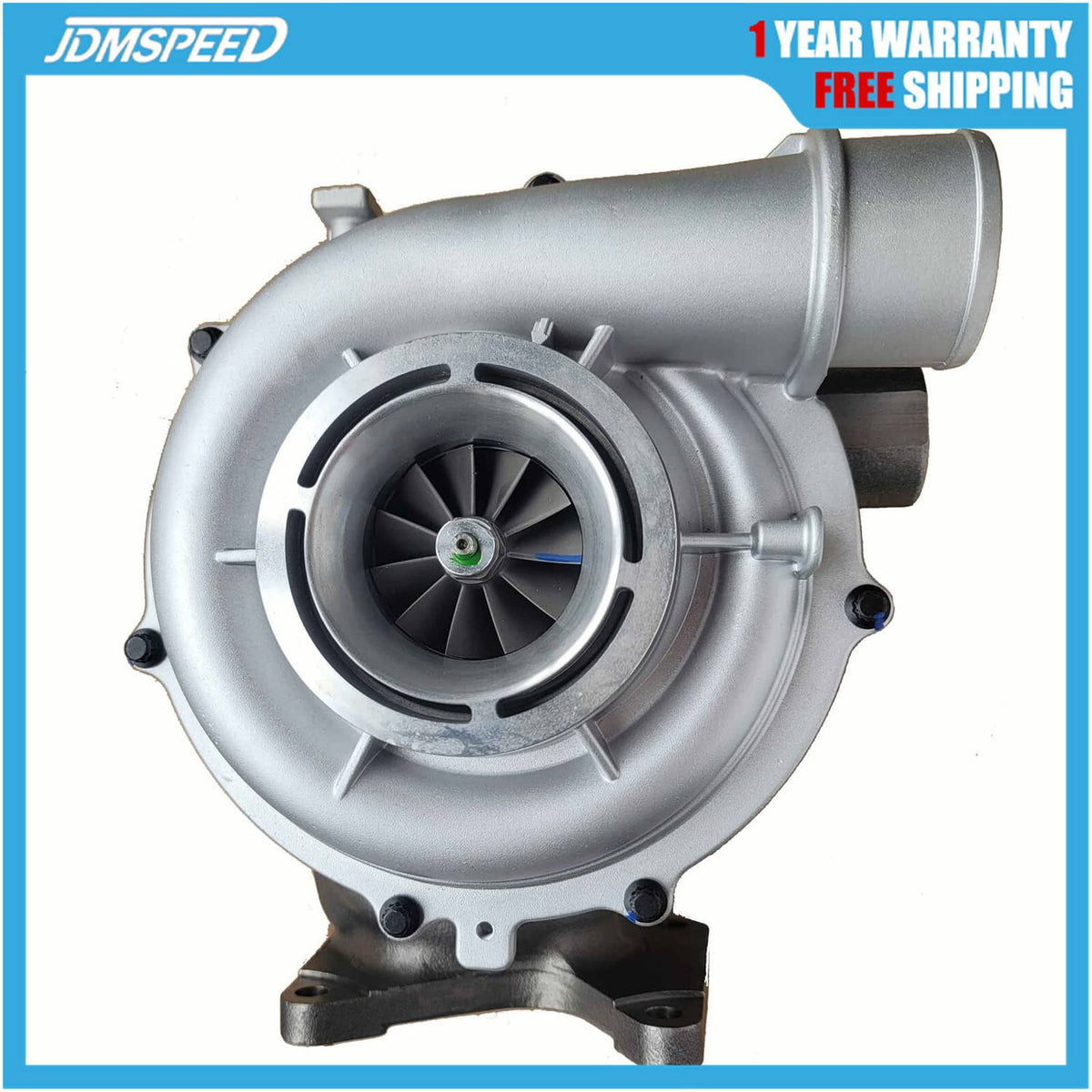 Turbocharger with silver housing and black turbine wheel, side view