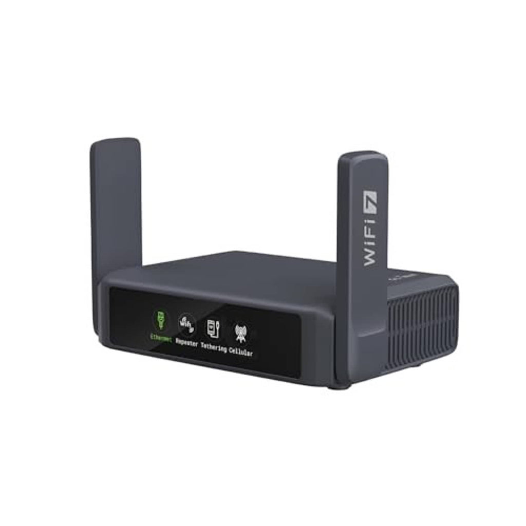 Slate gray travel router with two antennas and front status lights