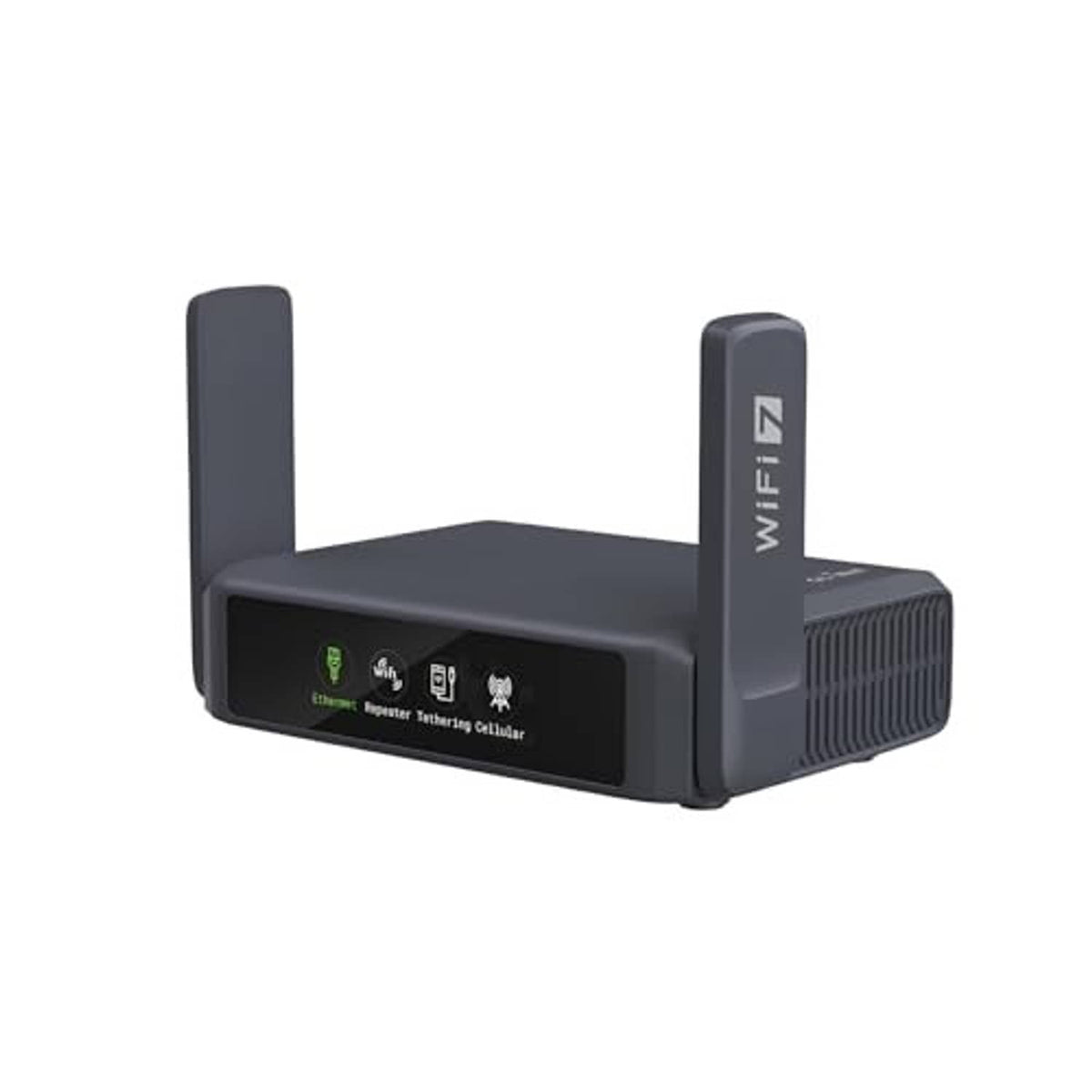 Slate gray travel router with two antennas and front status lights