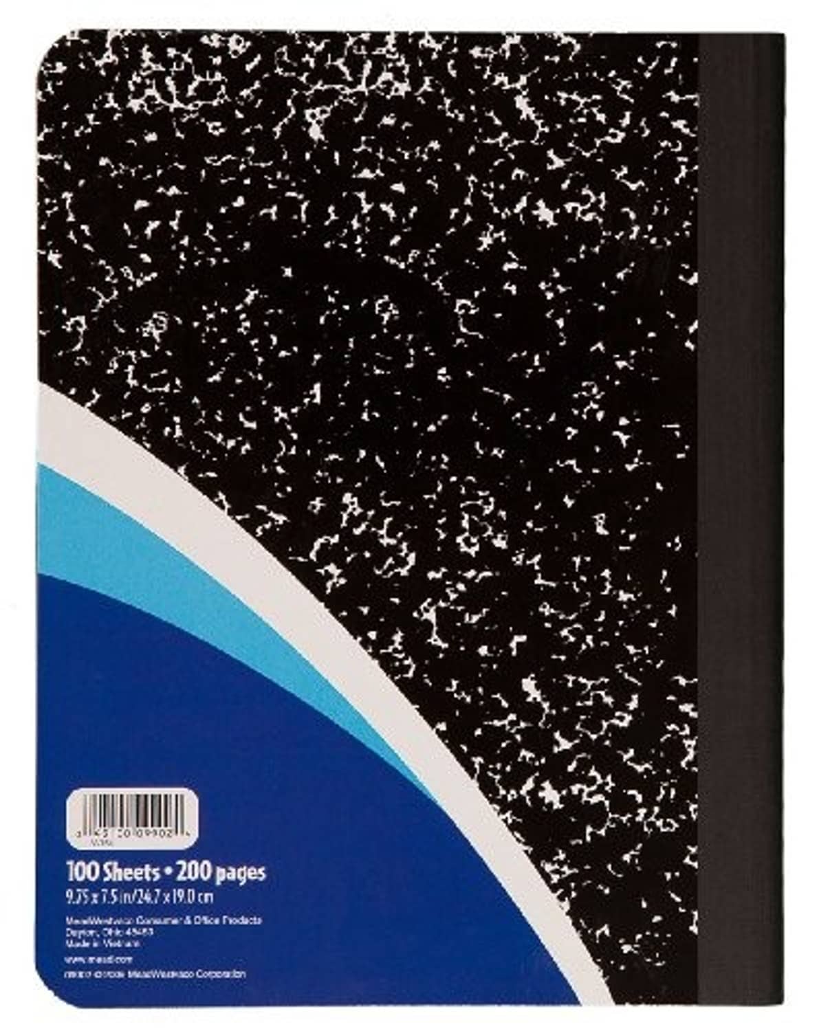 Mead Primary Composition notebook back cover with black speckled design and blue diagonal band