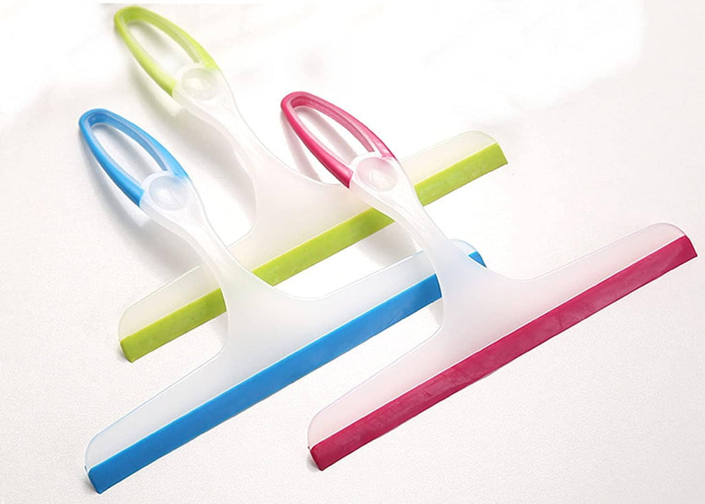 Pack of 3 silicone shower squeegees: white handles with blue, green, and pink blades.