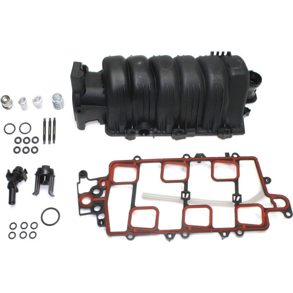 Black intake manifold kit with gasket set, fasteners, and O-ring seals.