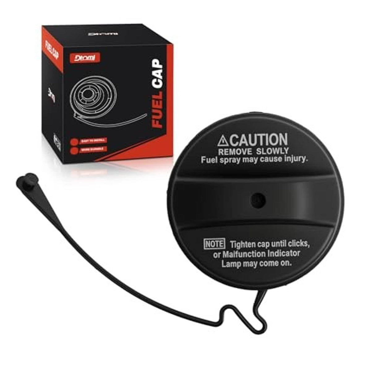 Black fuel tank filler cap with caution label, center hole, and tether strap