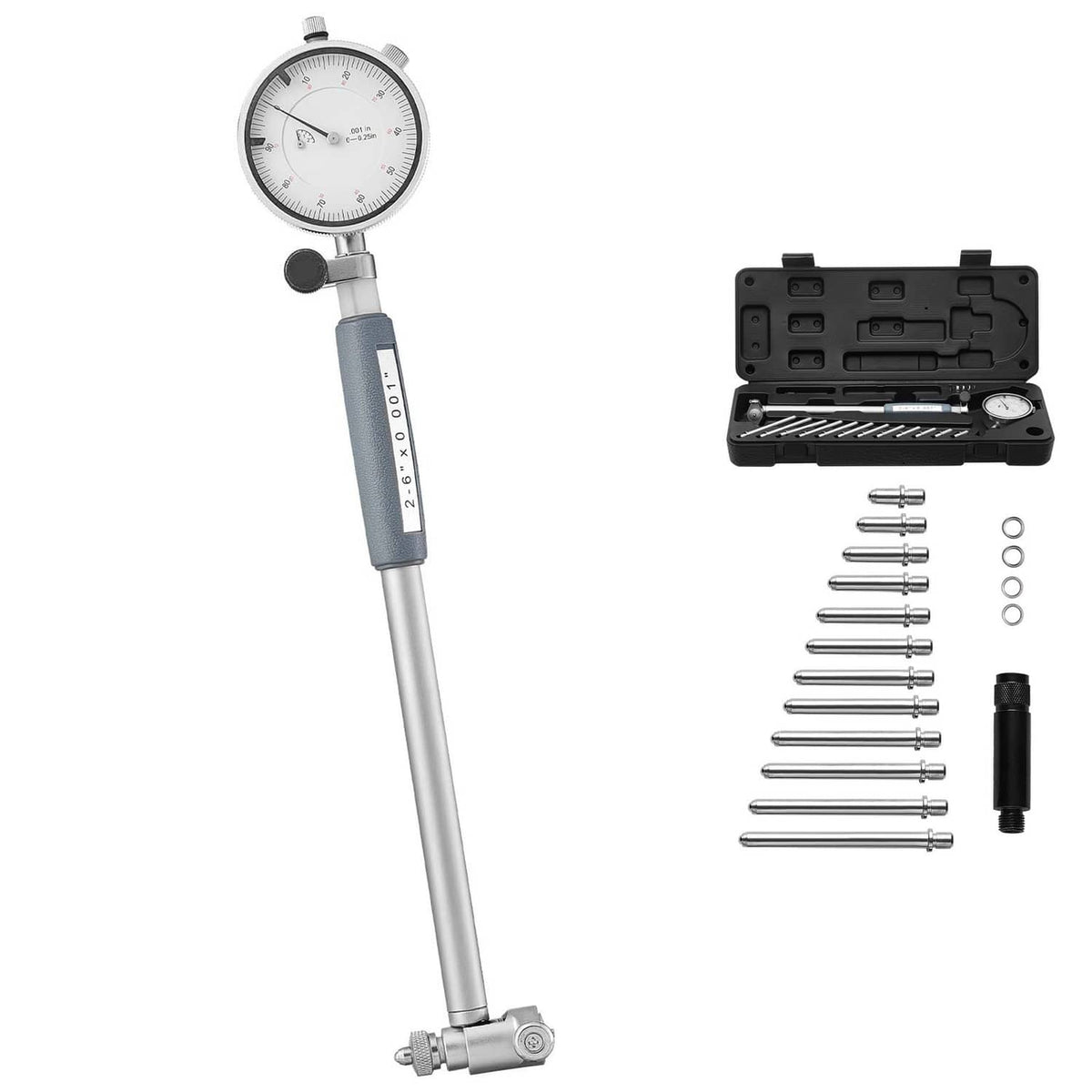 Dial test indicator bore gauge set with dial, multiple anvils, and storage case