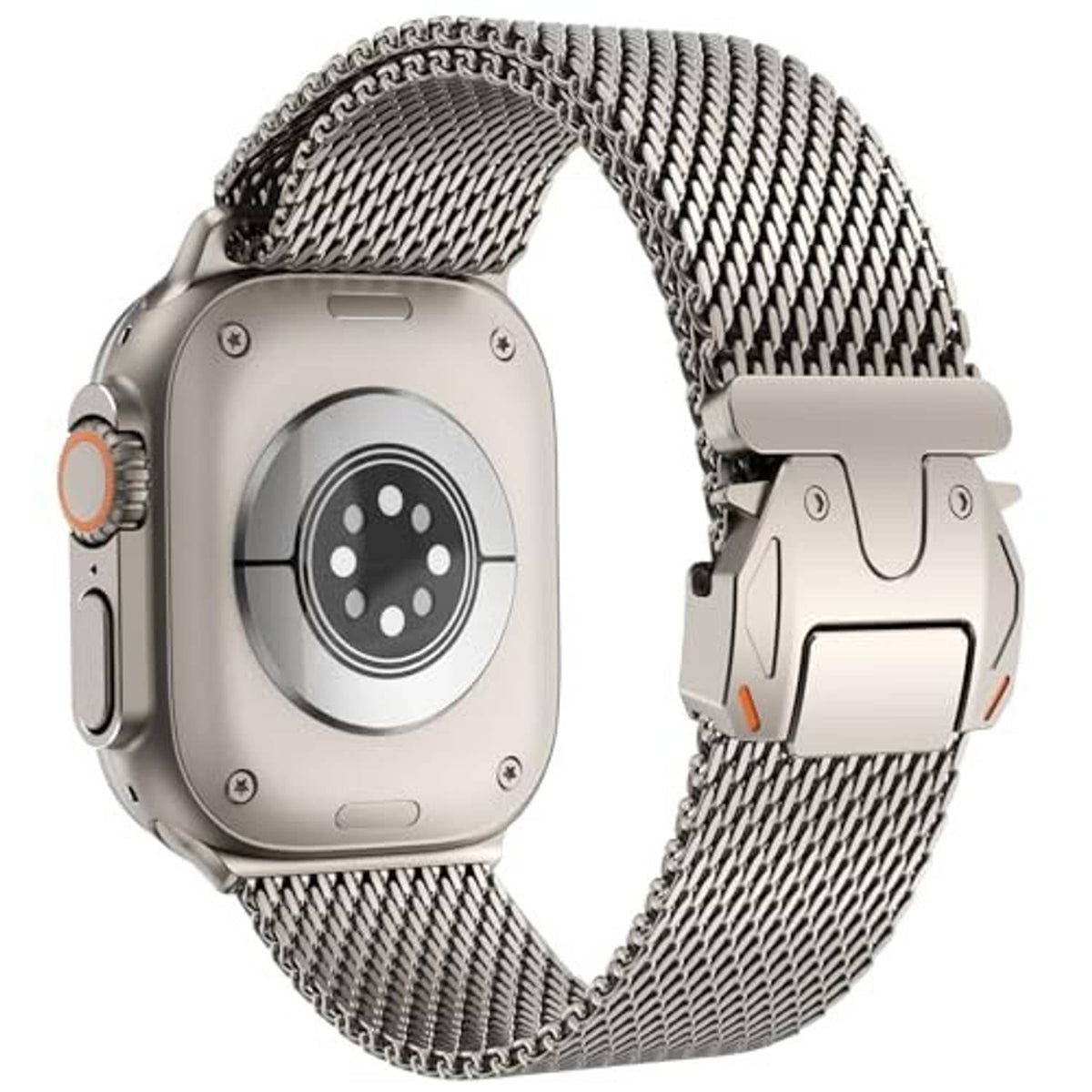 Silver Milanese mesh loop watch band on smartwatch, metal clasp at top