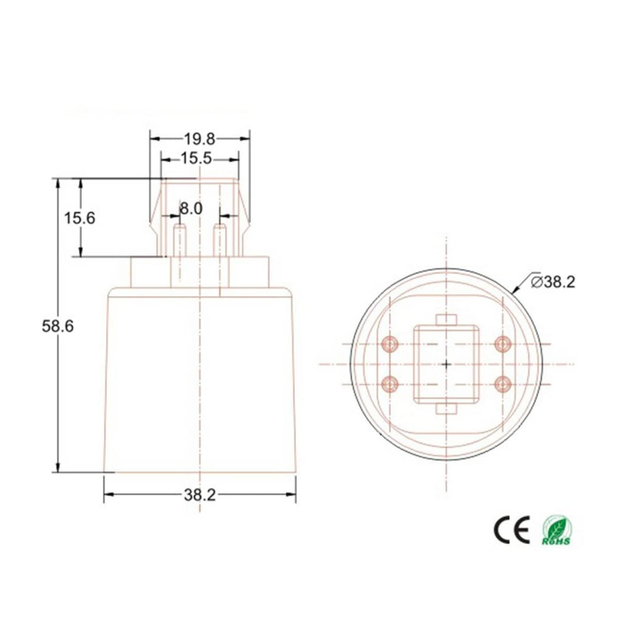 GX24Q to E26/E27 adapter size diagram with front and side measurements