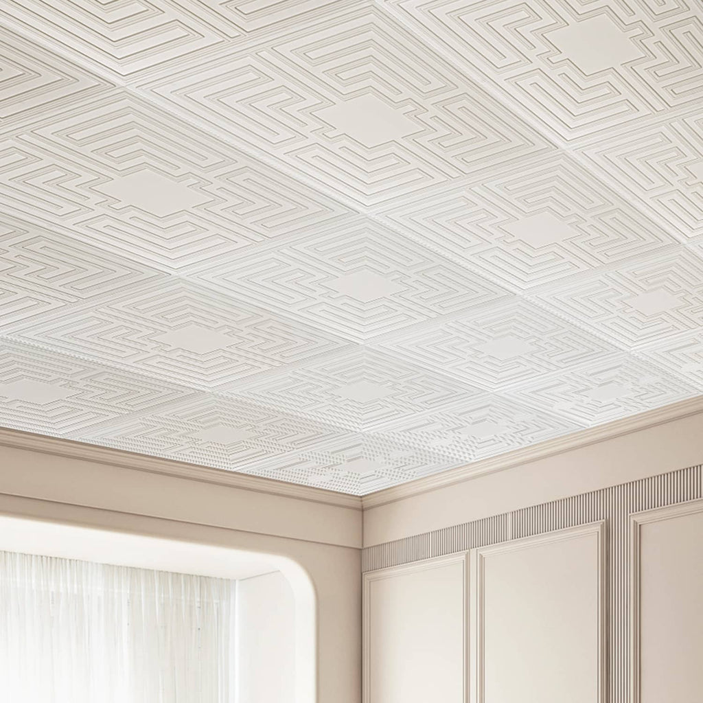 Ceiling covered with white PVC tiles featuring an echo geometric pattern
