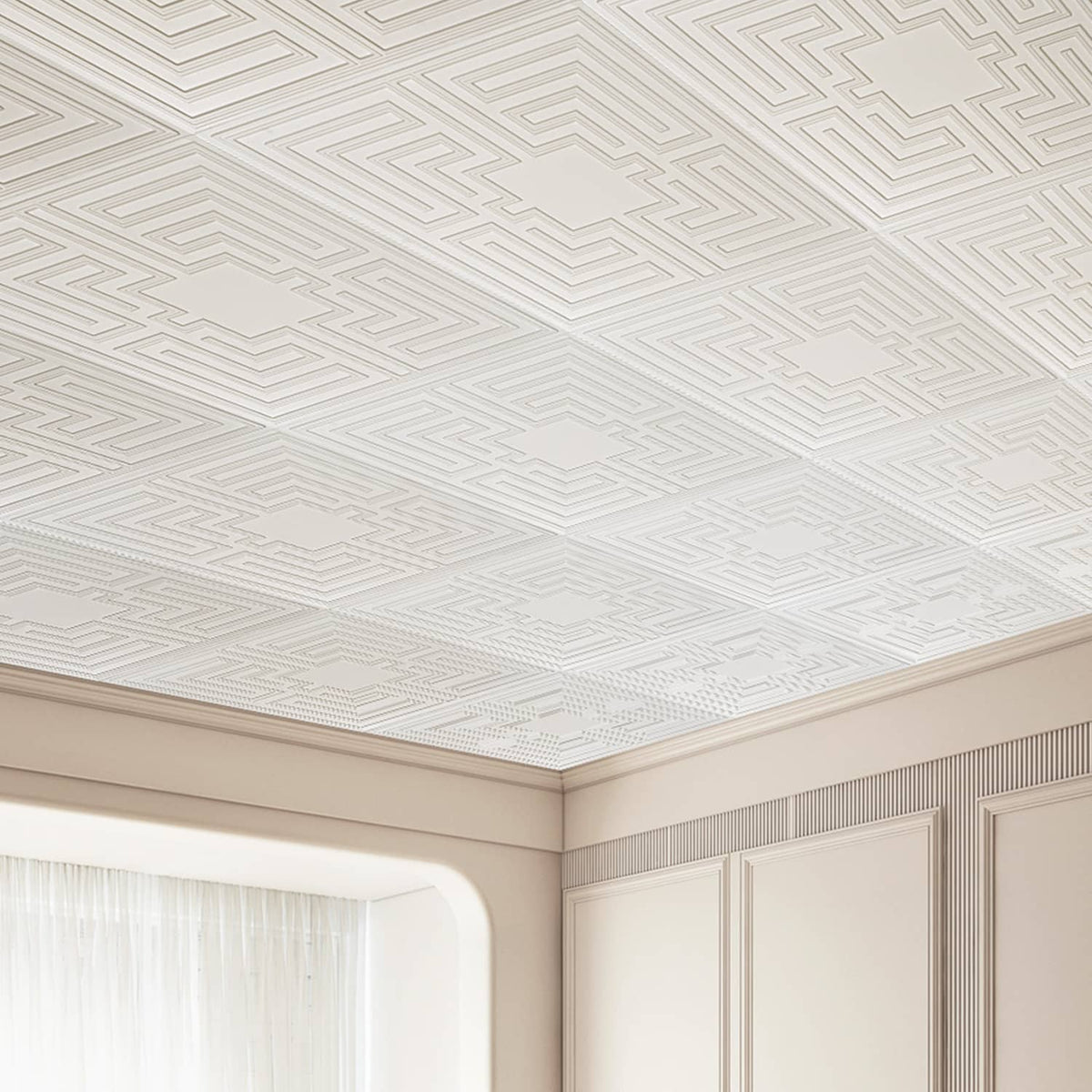 Ceiling covered with white PVC tiles featuring an echo geometric pattern