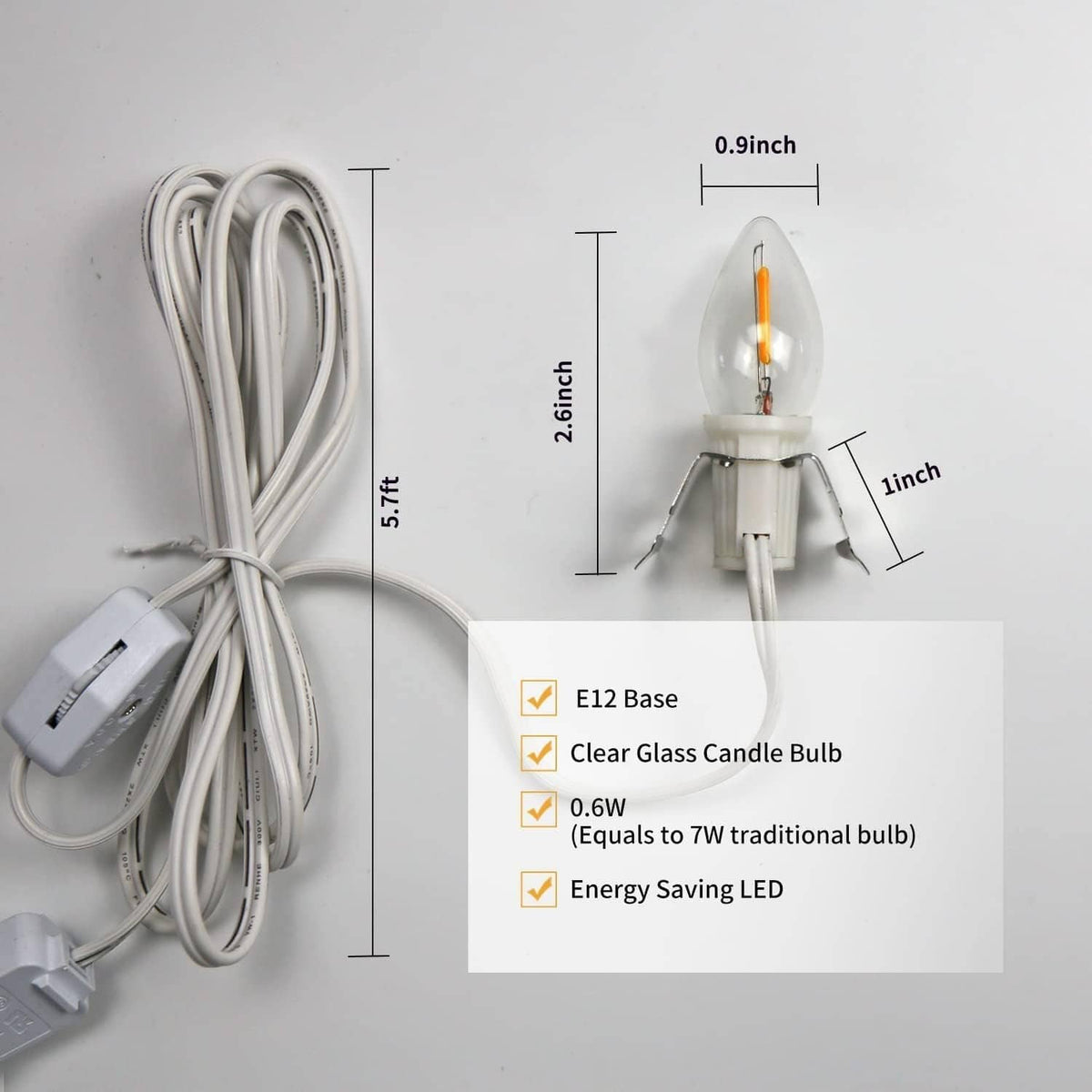 Coiled white LED night light cord with E12 clear glass bulb and metal mounting clip