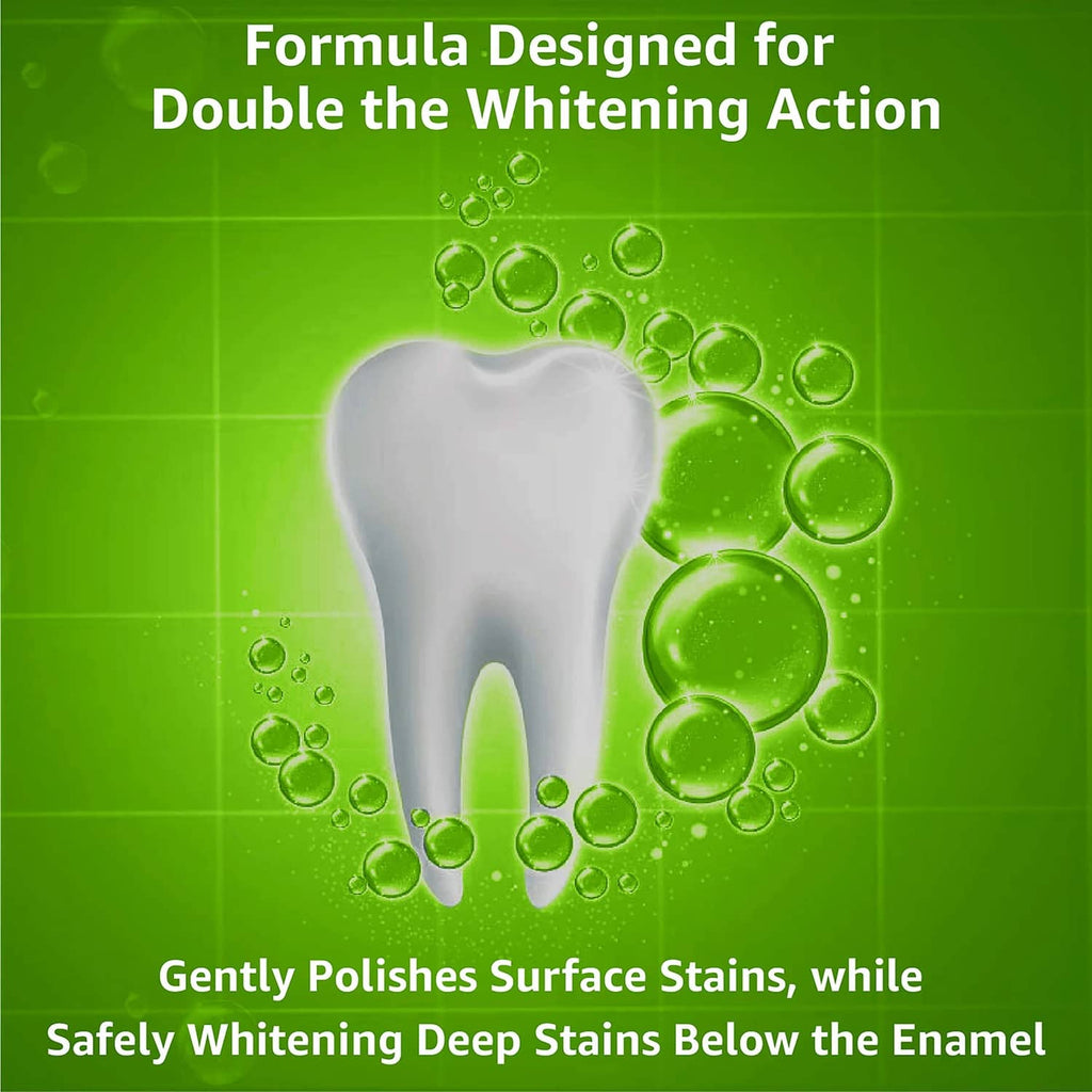Green toothpaste promo with tooth graphic and “Double the Whitening Action” text