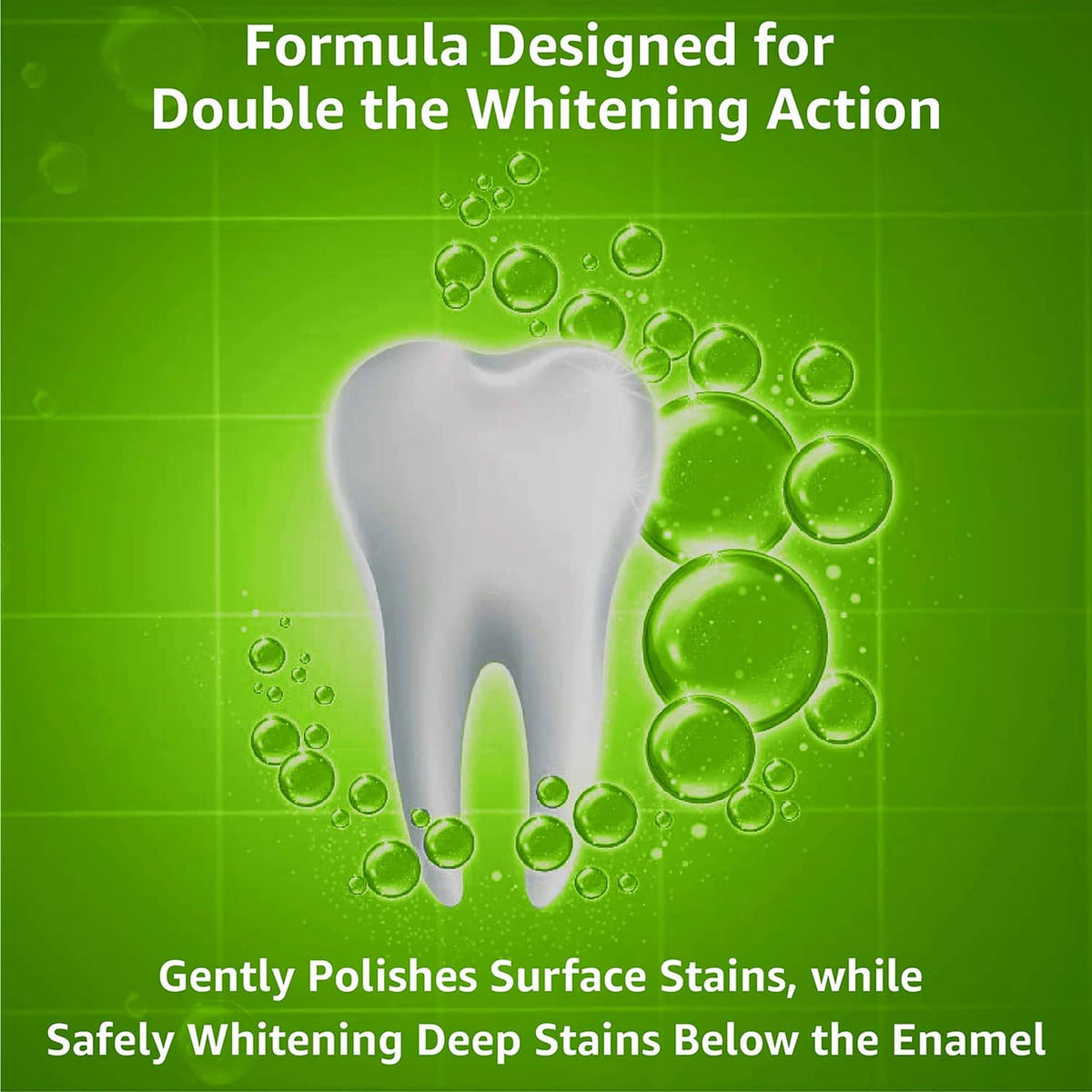 Green toothpaste promo with tooth graphic and “Double the Whitening Action” text