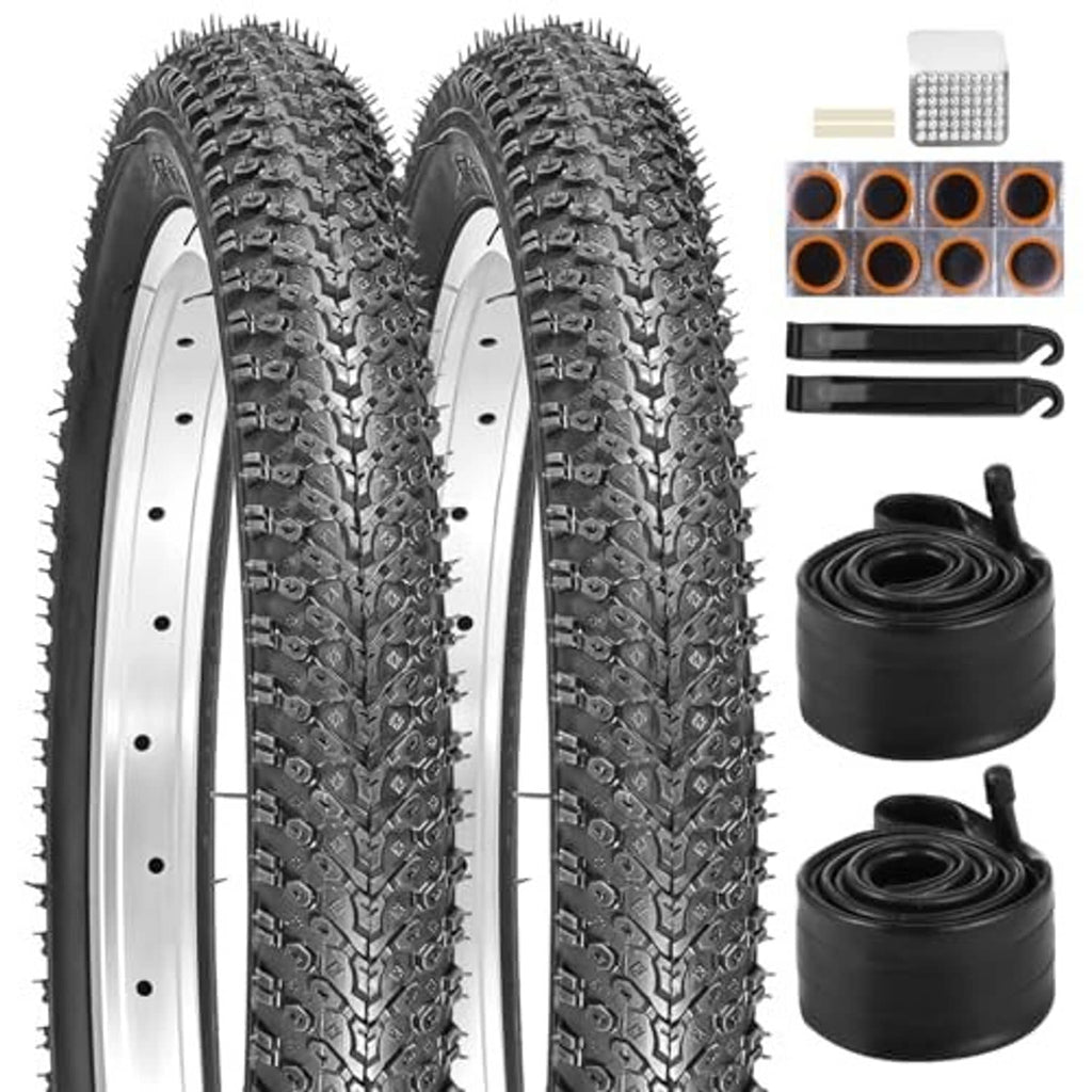 Two black knobby bike tires with white rim strips and inner tubes included