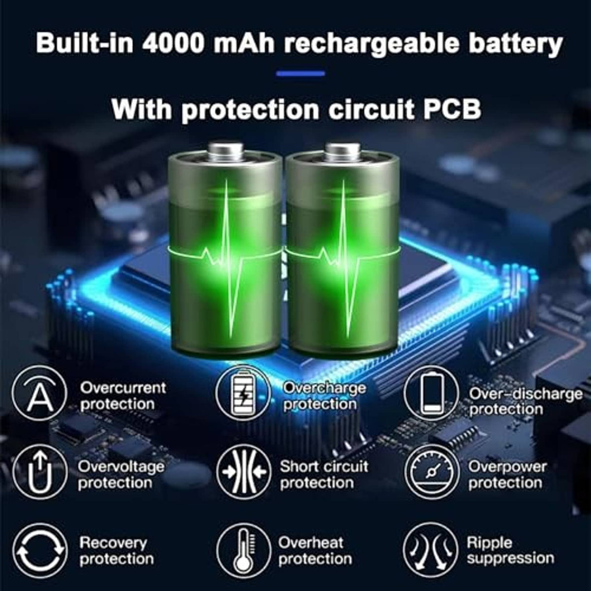 Rechargeable battery module on circuit PCB with overcharge and short-circuit icons.