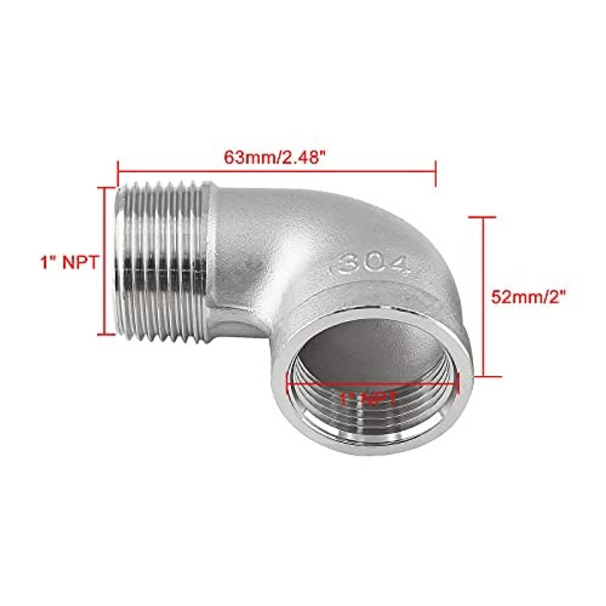 90-degree stainless steel elbow with 1 in NPT threads on both ends, marked 304