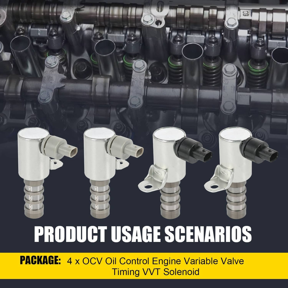 Four variable valve timing solenoids installed on engine with silver bodies and black connectors