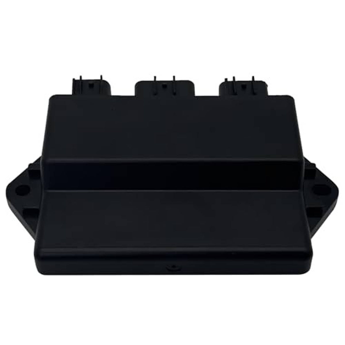 Black ignition control module with front face, top prongs, and side mounting holes