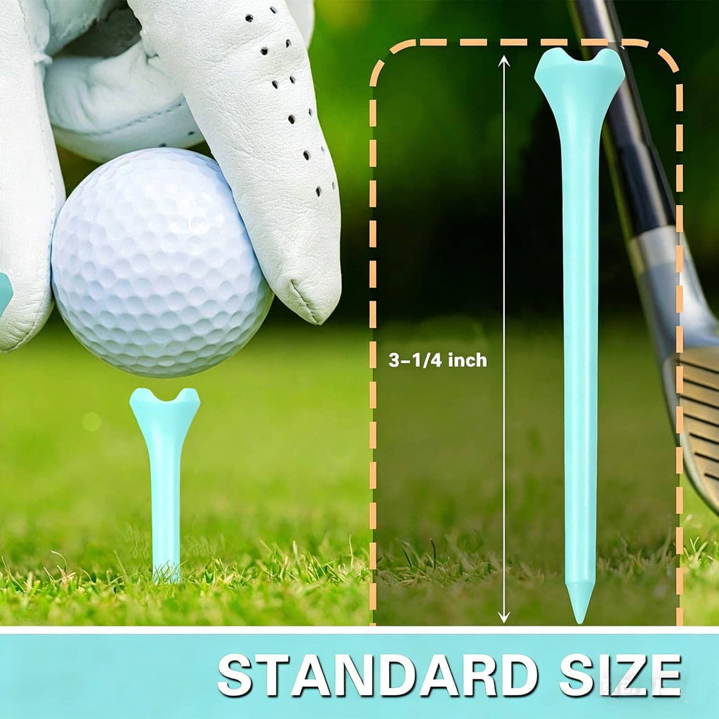 Blue plastic golf tee holding a golf ball on the ground, standard height