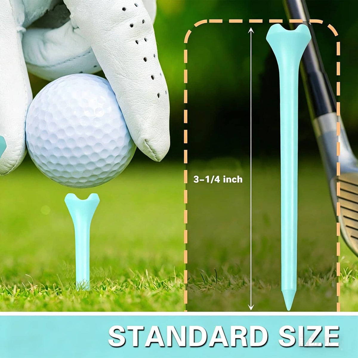 Blue plastic golf tee holding a golf ball on the ground, standard height