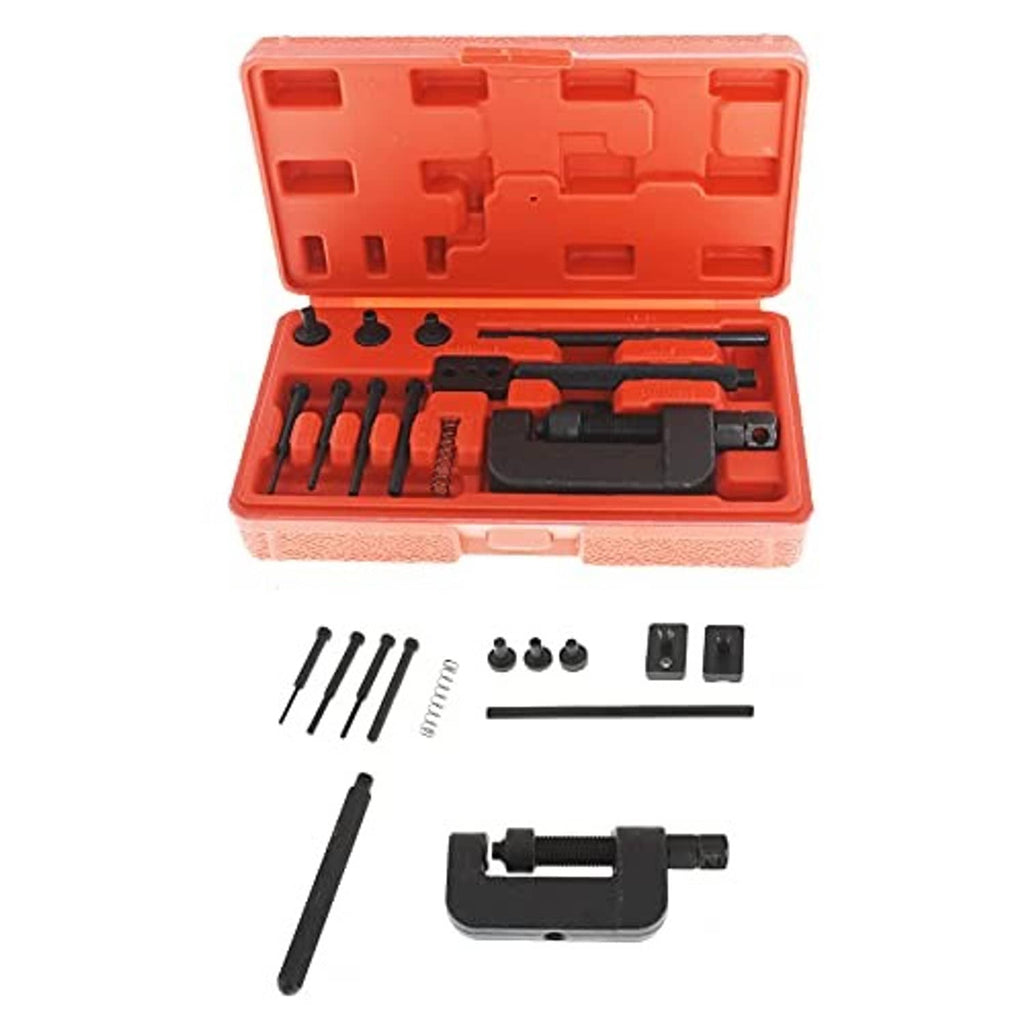 Heavy-duty chain splitter kit in red case with punches, rivet press, and spare pins