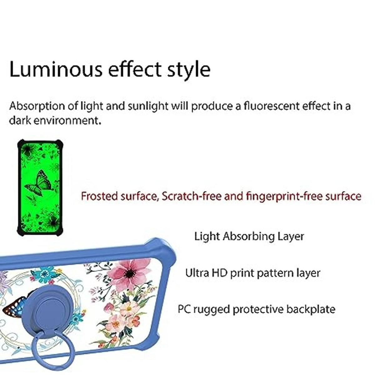 Blue floral phone case with frosted scratch-free finish and blue ring kickstand