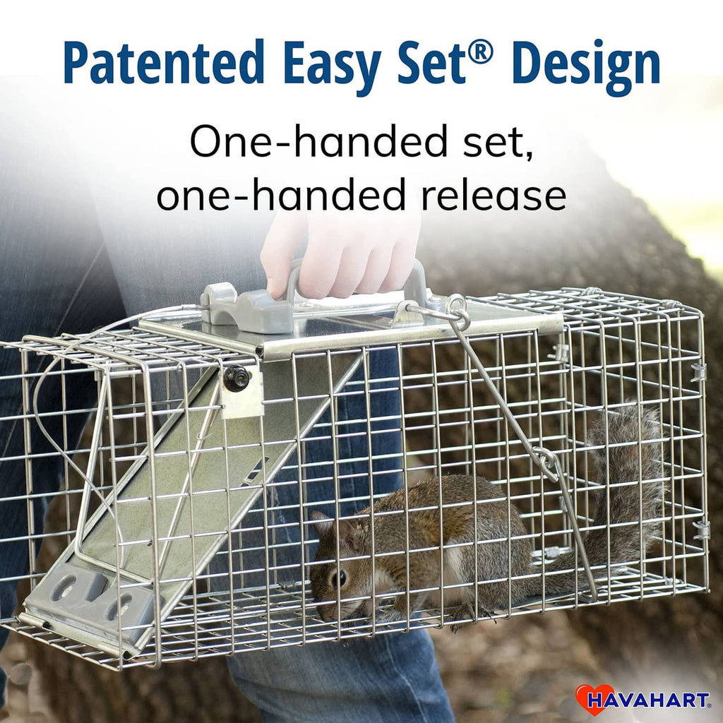 Havahart Easy Set live trap with one-handed release lever and holding hand