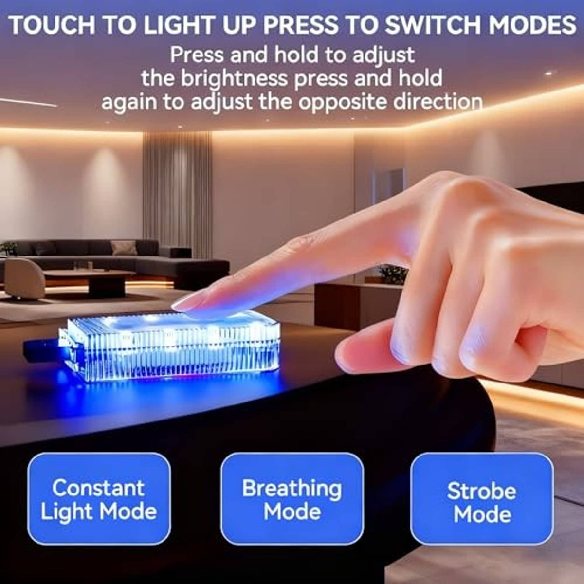 Touch-activated USB LED interior car light bar in blue light mode
