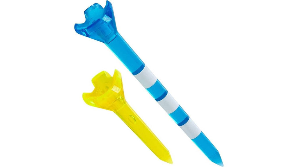 Assorted low-resistance golf tees, blue and yellow, striped shafts, pointed tips