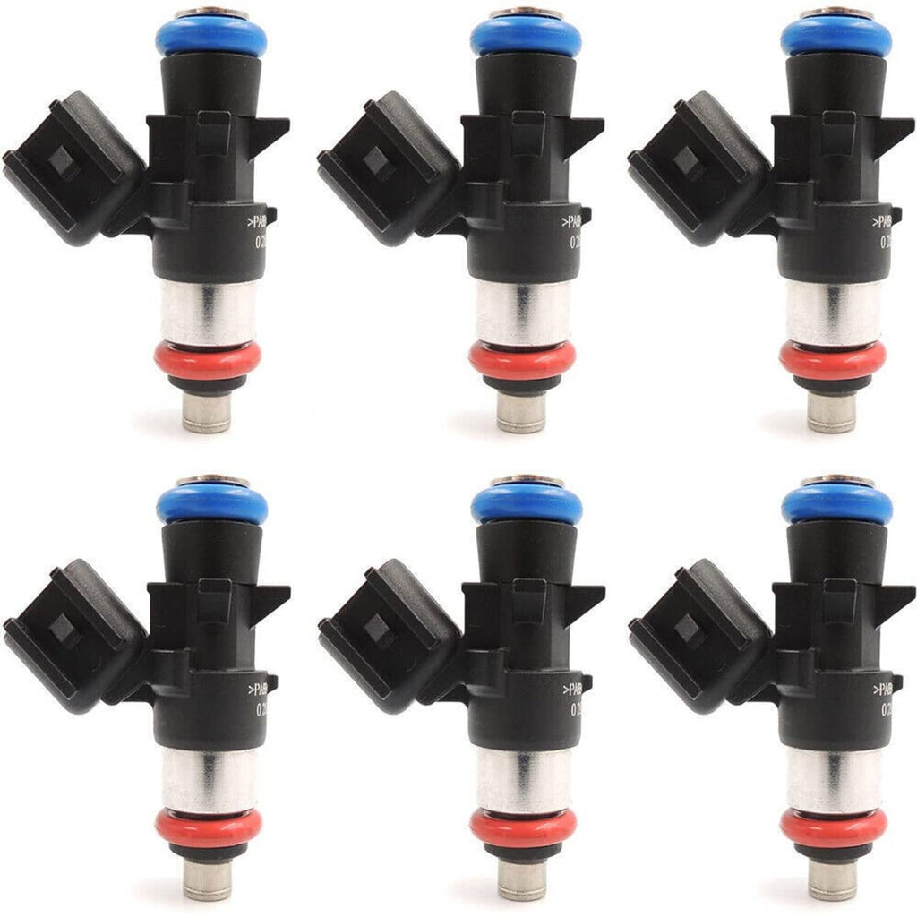 Six fuel injectors arranged in two rows, black housings with blue seals
