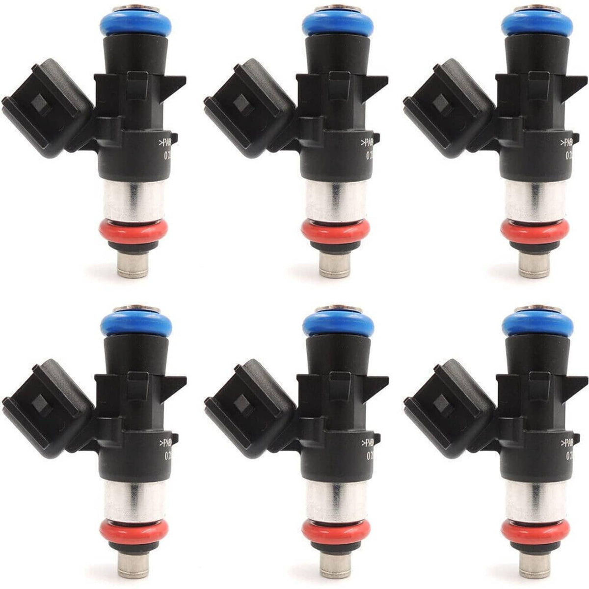 Six fuel injectors arranged in two rows, black housings with blue seals