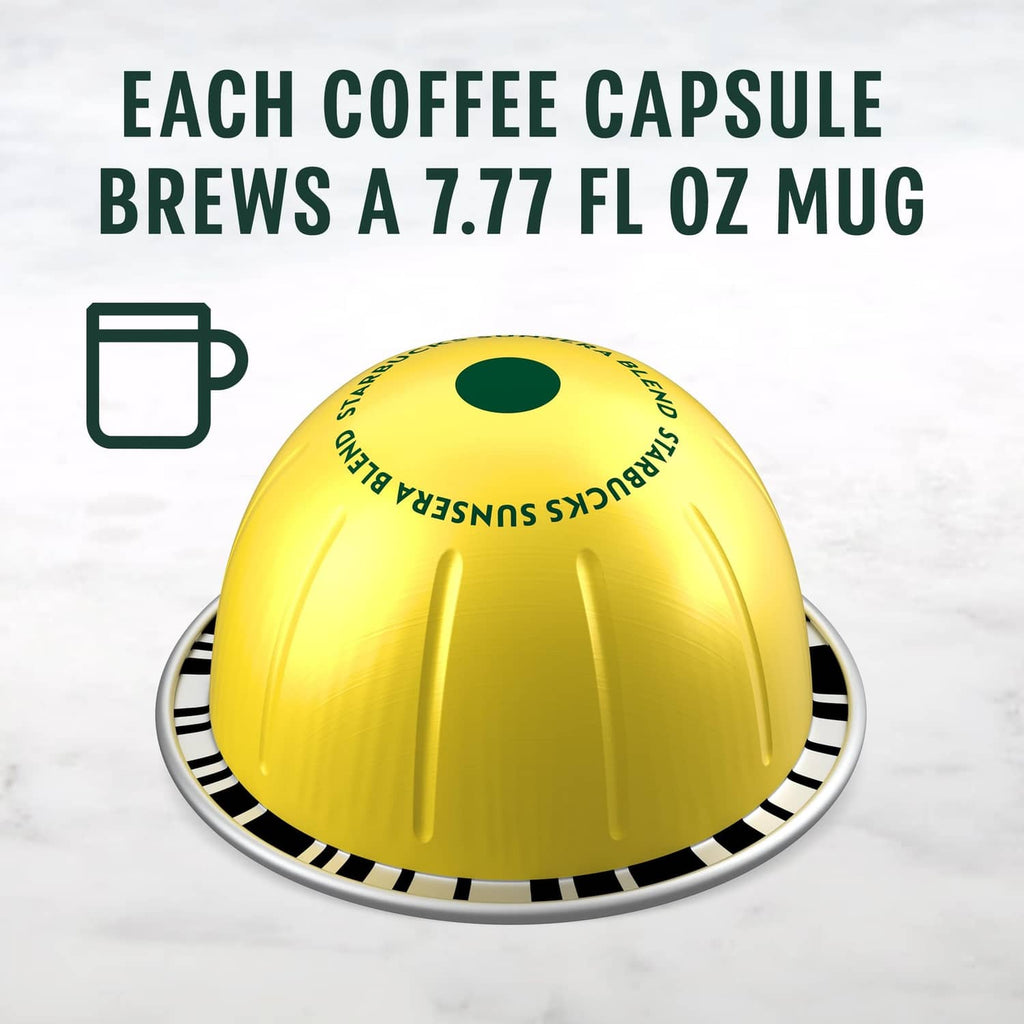Yellow Nespresso Vertuo capsule for Starbucks Sunsera Blend, close-up on a cup ring