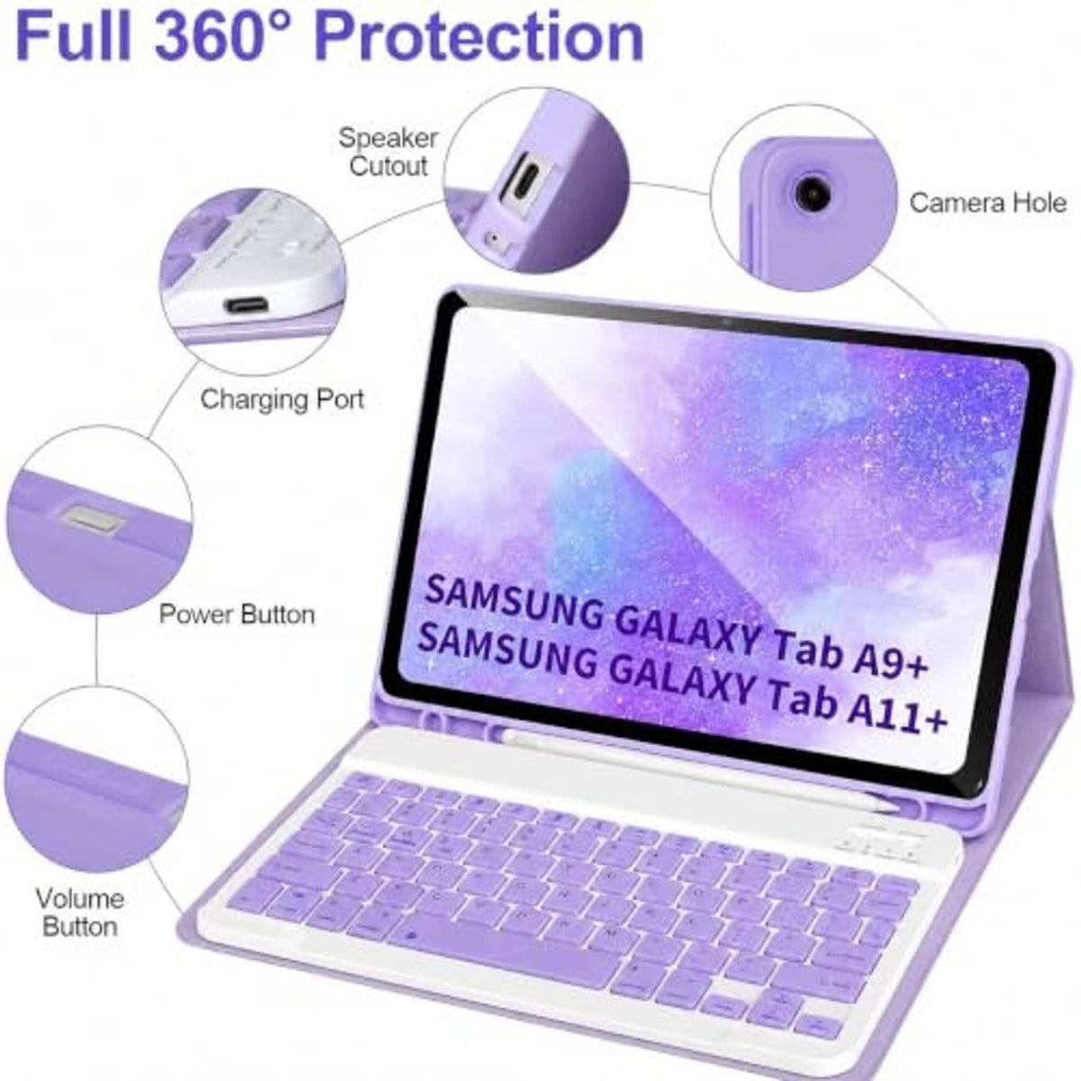 Purple folio keyboard case with camera hole and port cutouts, keyboard docked