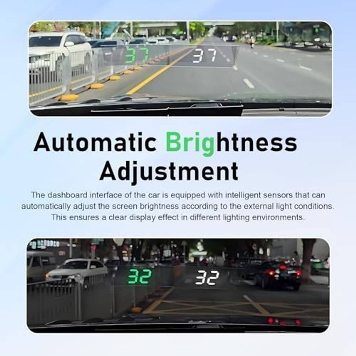 Car HUD speedometer projection on windshield showing green digital speed digits