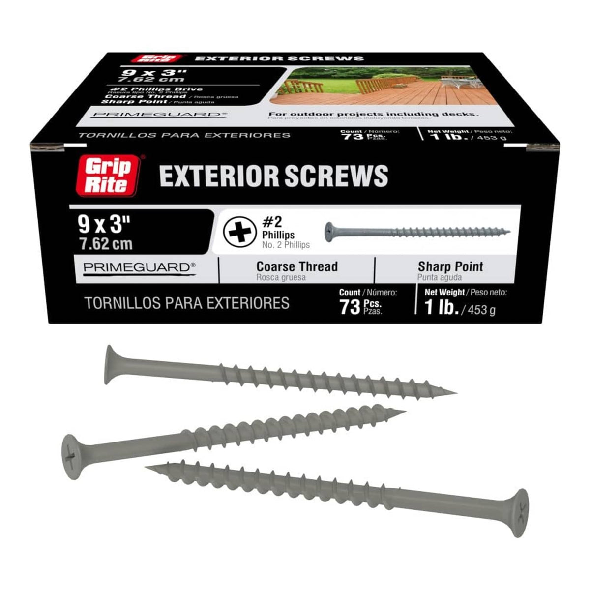 Grip-Rite exterior screws box with three gray 3 in screws, #2 Phillips, PrimeGuard.