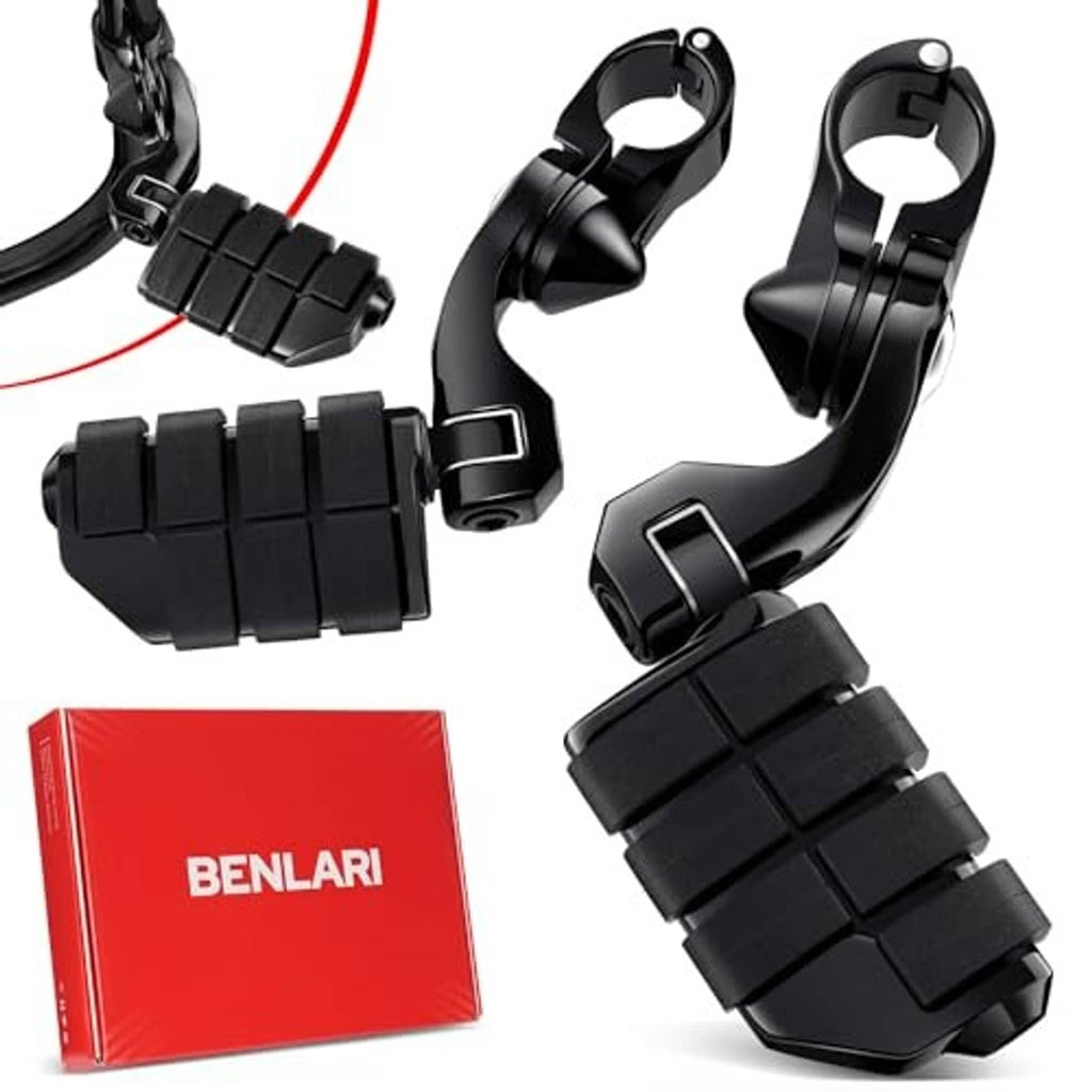 Set of black curved highway footpegs with serrated rubber pads and metal clamp brackets