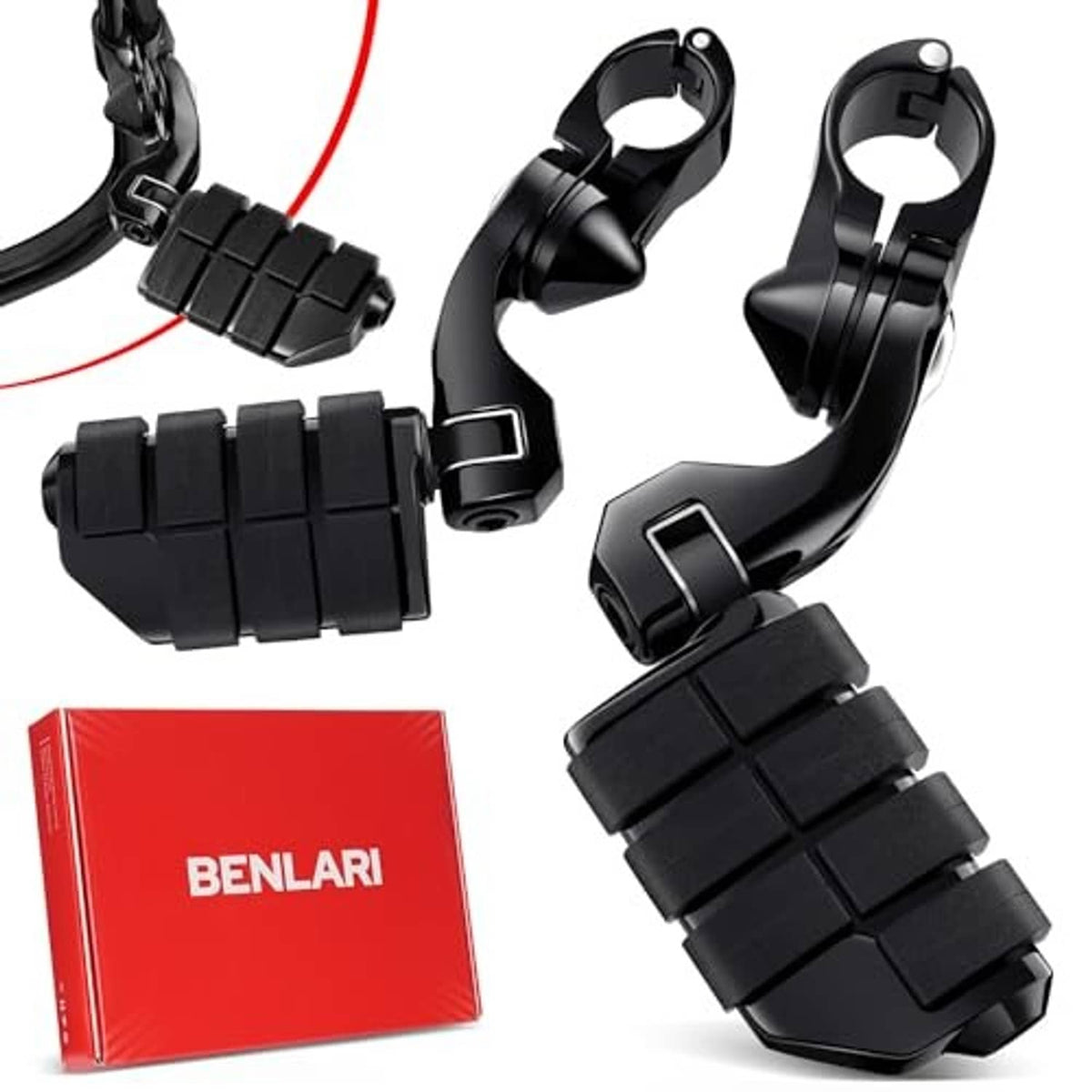 Set of black curved highway footpegs with serrated rubber pads and metal clamp brackets
