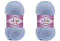 Cotton Gold yarn in light blue, 2 skeins in a purple label